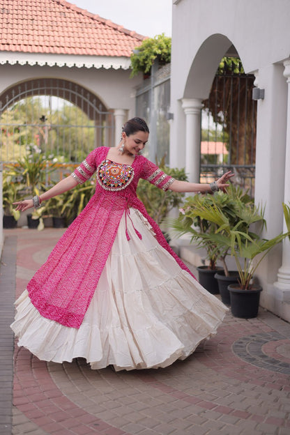 RangBhoomi Navratri 2026 Bandhani Lehenga Set — Full-Stitched Kora Cotton Lehenga with Faux Georgette Kurti