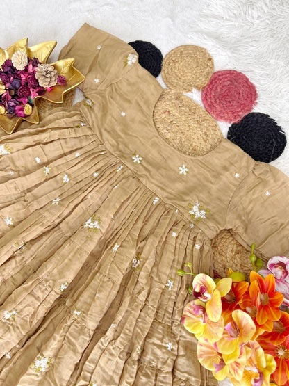 Elegant Floral Mull Cotton Chanderi Midi Gown for Summer – Embroidered, Fully Stitched, Available in Multiple Sizes