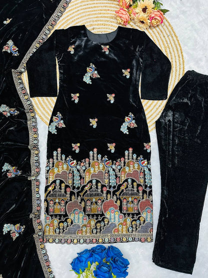 Elegant Embroidered Velvet Party Wear Dress