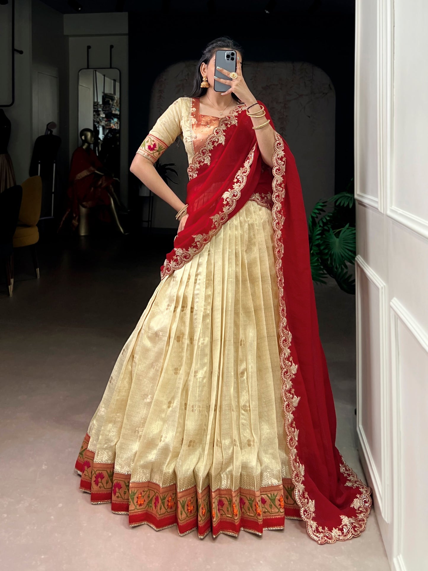 Woven Grace Embroidered Lehenga Set with Royal Paithani Borders and Elegant Pastel Hues