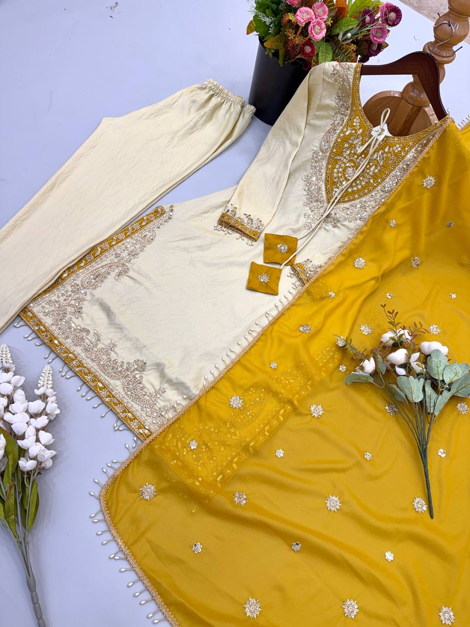RangBhoomi Ronald Silk Sequin Embroidered Women's Ethnic Suit - Fully Stitched with Lace-Edged Dupatta