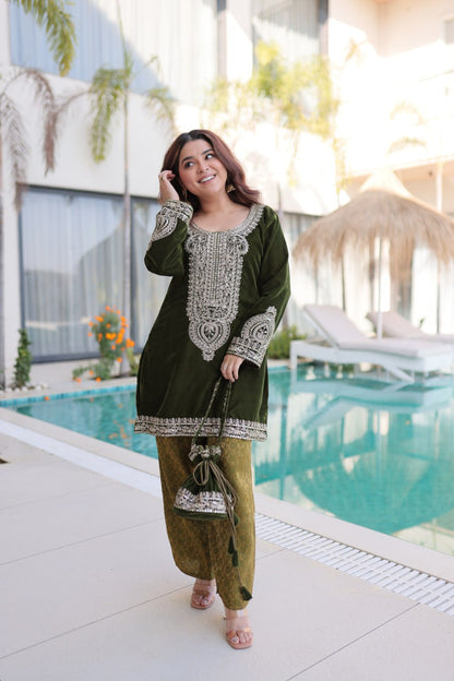 Ready-to-Wear Velvet Top and Pant Set with Embroidered Batwa from RangBhoomi Collection