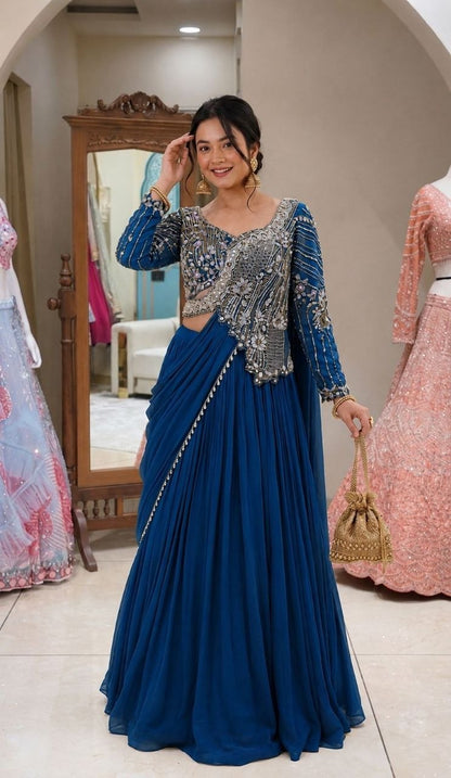 Elegant Embroidered Lehenga Choli Set with Sequins – Fully Stitched Rangoli Fabric Ensemble