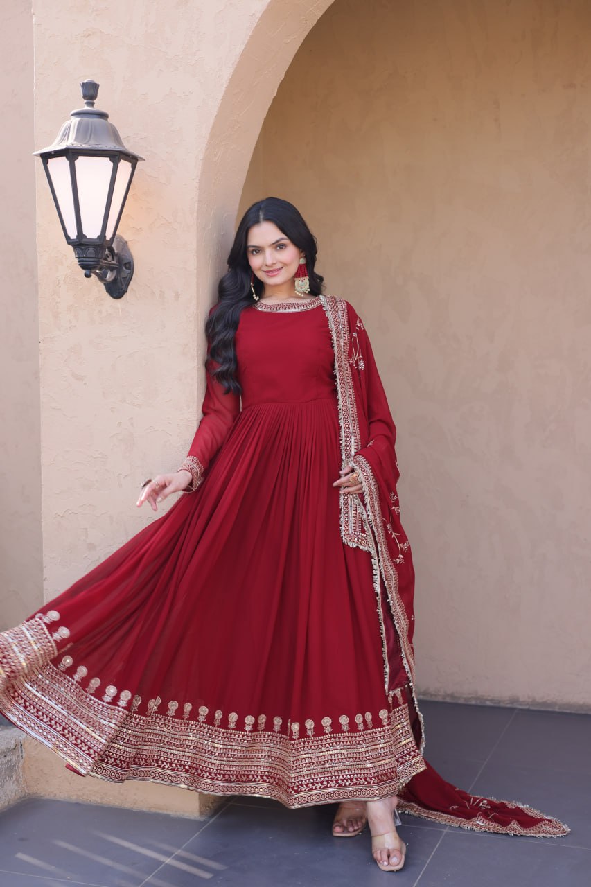 RangBhoomi Premium Maroon Embroidered Faux Blooming Ready‑Made Gown with Dupatta