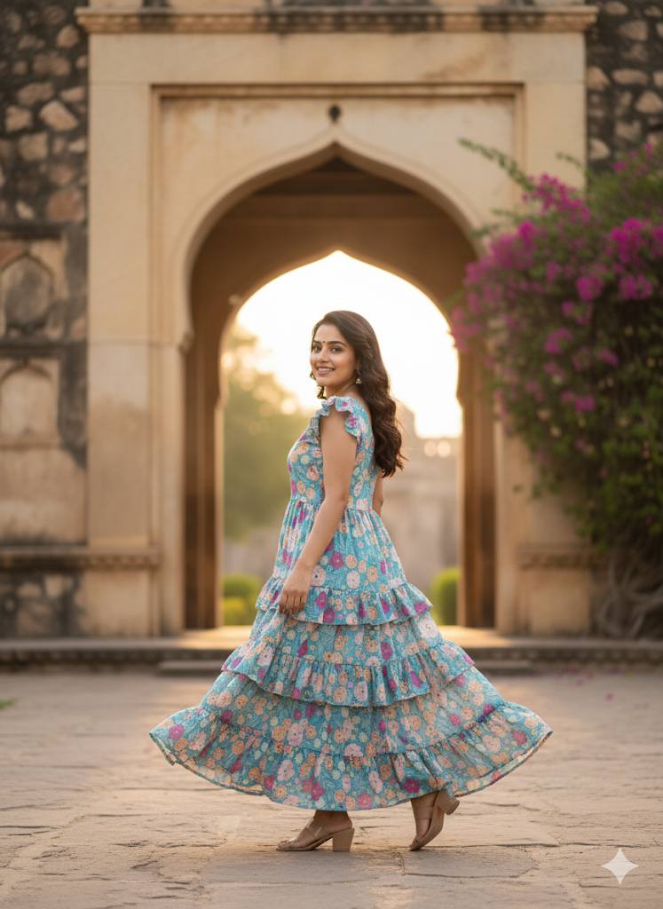 Woman in floral Georgette maxi dress with tiered ruffles posing outdoors