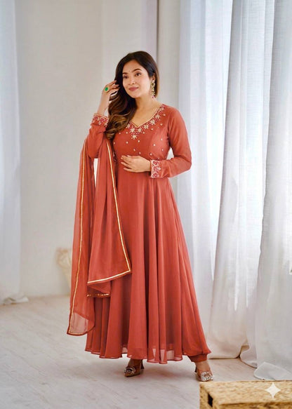 RangBhoomi Elegant Party Wear Fox Georgette Gown Set with Dupatta and Crepe Pants