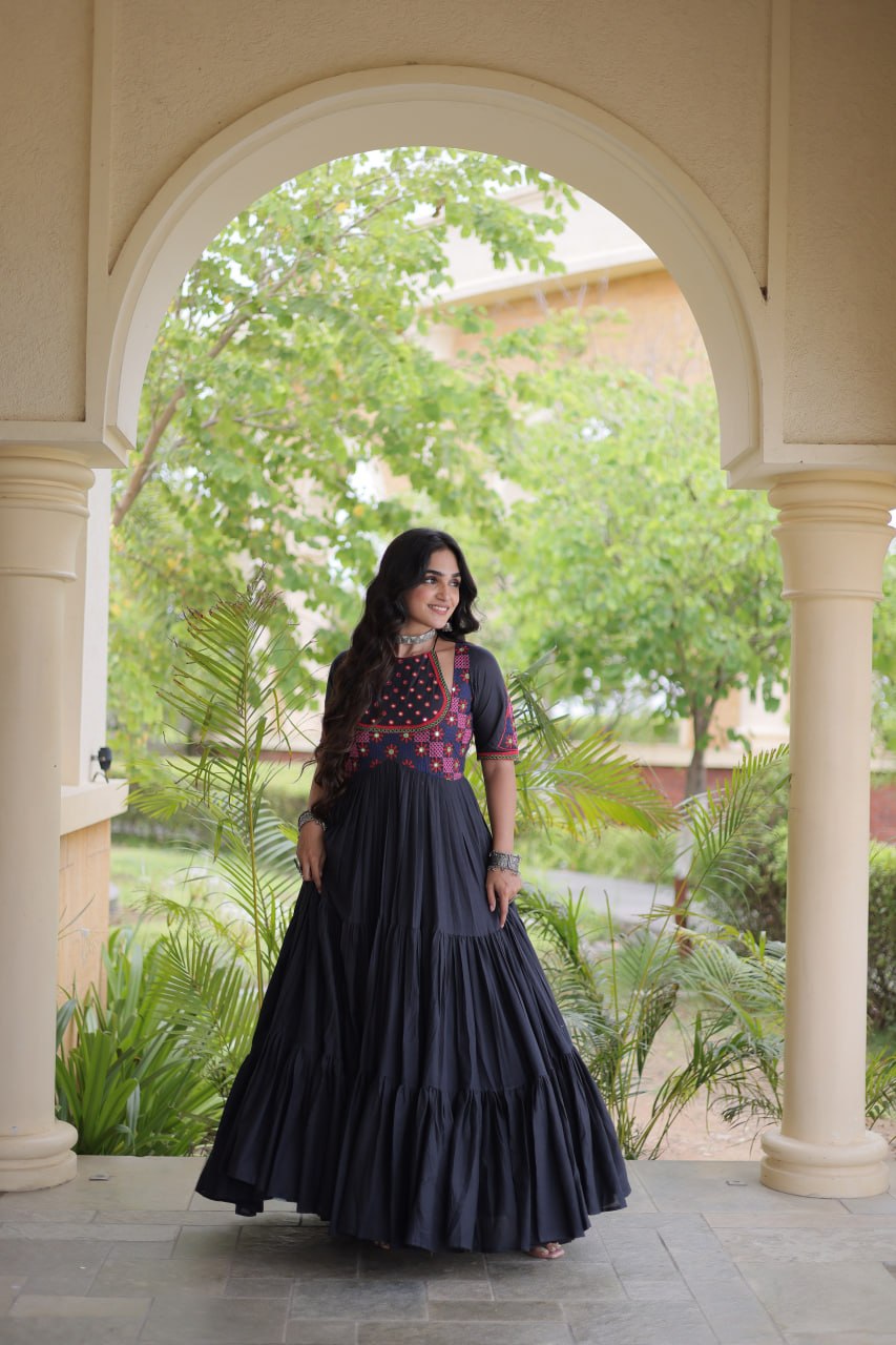 RangBhoomi Navratri Embroidered Kora Cotton Gown — 54" Festive Flair