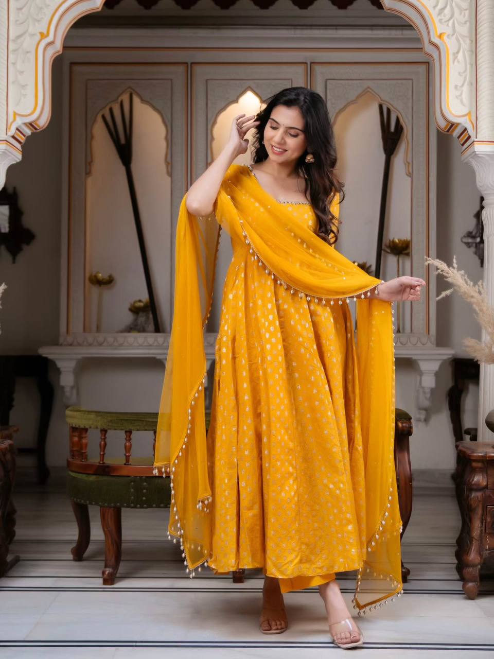 RangBhoomi Exclusive New Designer Chanderi Jacquard Butti Embroidered Gown and Dupatta Set – Fully Stitched, Ready to Wear
