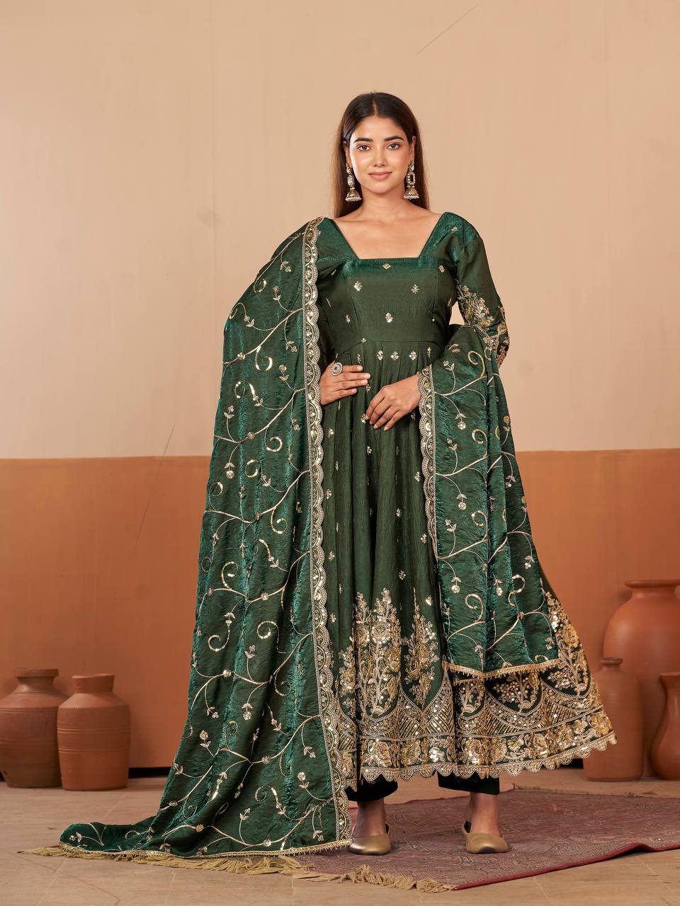 RangBhoomi Designer Party Wear Gown Set — 10 Colors, Heavy Jelly Shimmer Silk, Fully Stitched Embroidered Gown with Dupatta & Micro-Cotton Pant