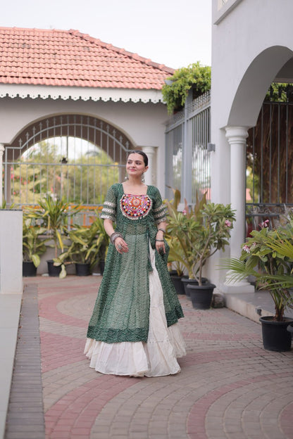 RangBhoomi Navratri 2026 Bandhani Lehenga Set — Full-Stitched Kora Cotton Lehenga with Faux Georgette Kurti