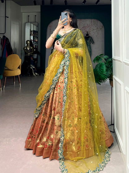 RangBhoomi Jacquard Silk Lehenga — Festive Embroidered Set with Net Dupatta