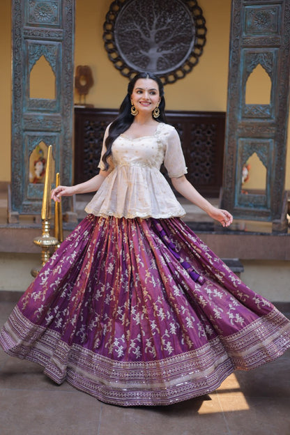 RangBhoomi Designer Dyeable Viscose Jacquard Lehenga Choli Set - Parrot & Wine
