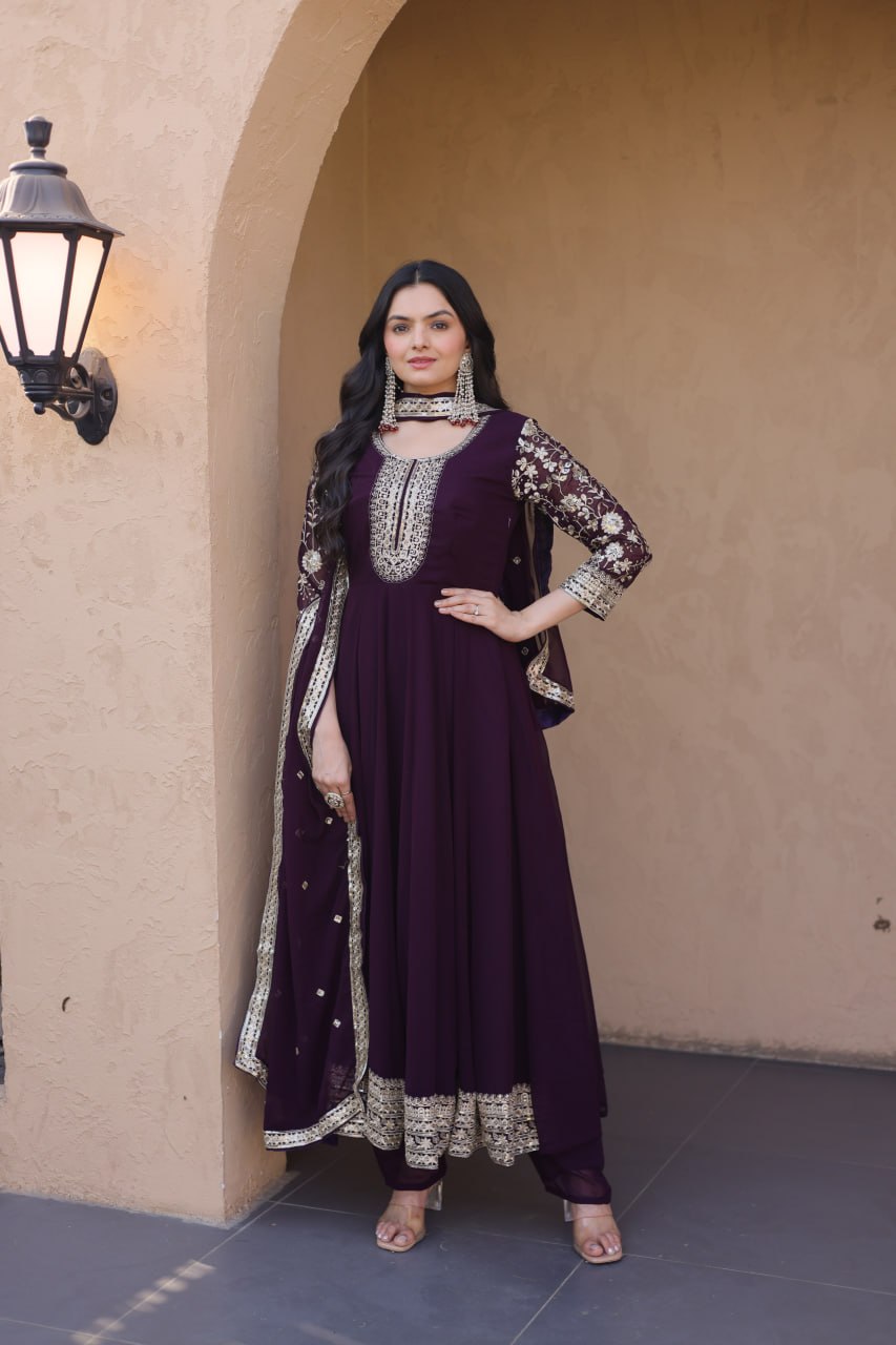 RangBhoomi Premium Readymade Gown Set with Pant & Dupatta - Faux Blooming Embroidered