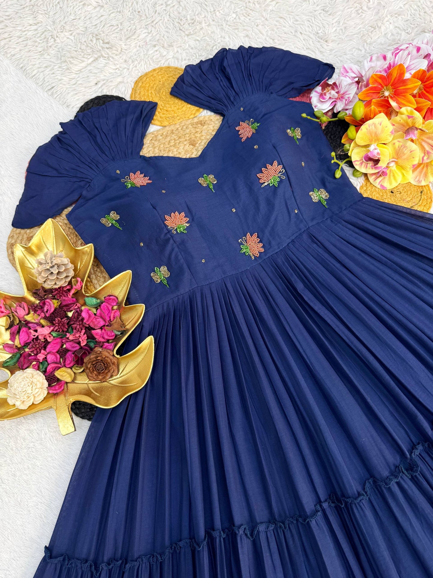 Summer Special Mull-Mull Cotton Gown with Exquisite Maggam Embroidery – Where Elegance Meets Unmatched Comfort
