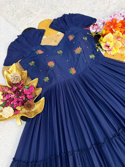 Summer Special Mull-Mull Cotton Gown with Exquisite Maggam Embroidery – Where Elegance Meets Unmatched Comfort