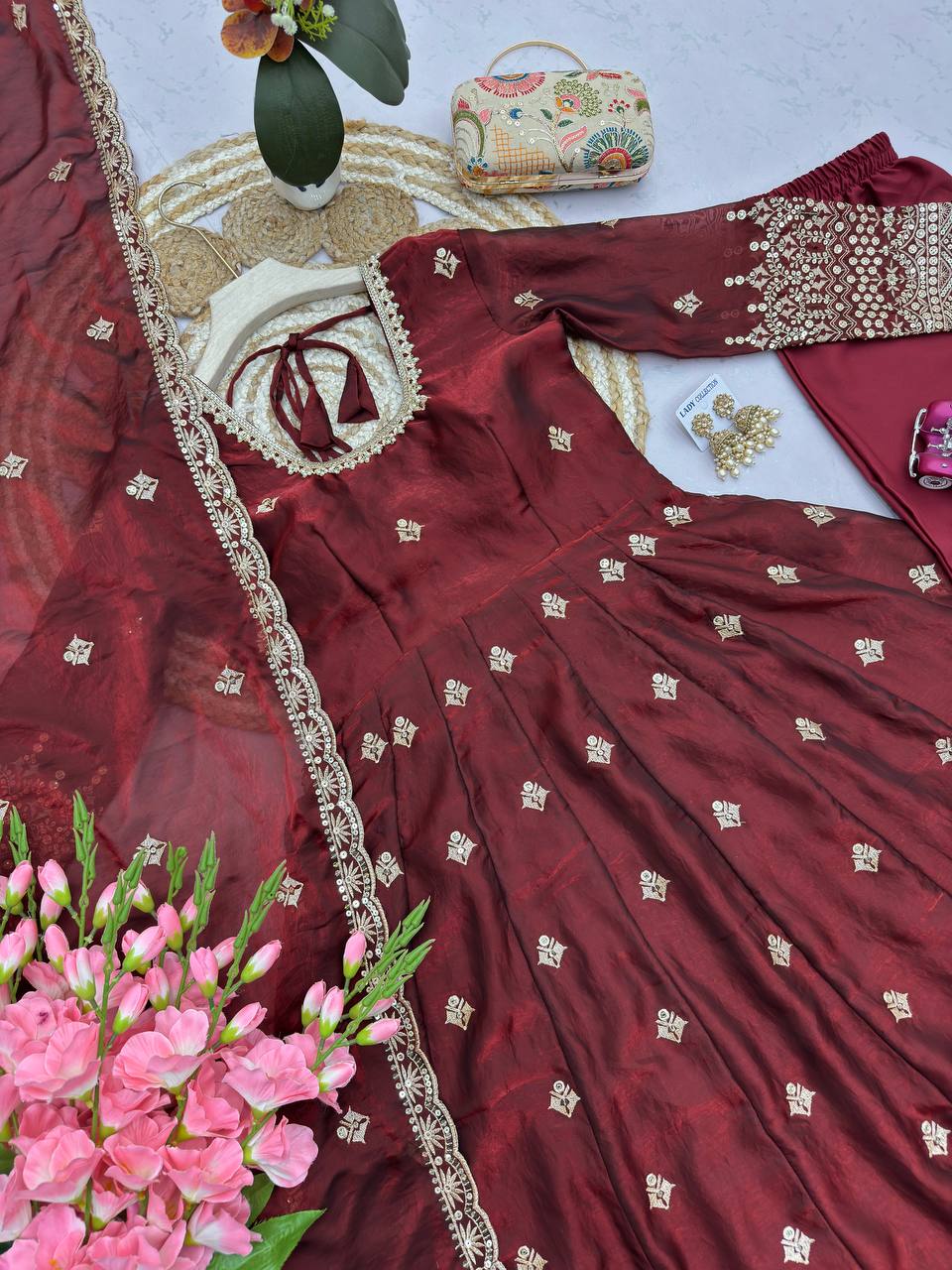 RangBhoomi Designer Party Wear Gown Set — Two-Tone Fandy Silk Embroidered with Pearl & Sequins