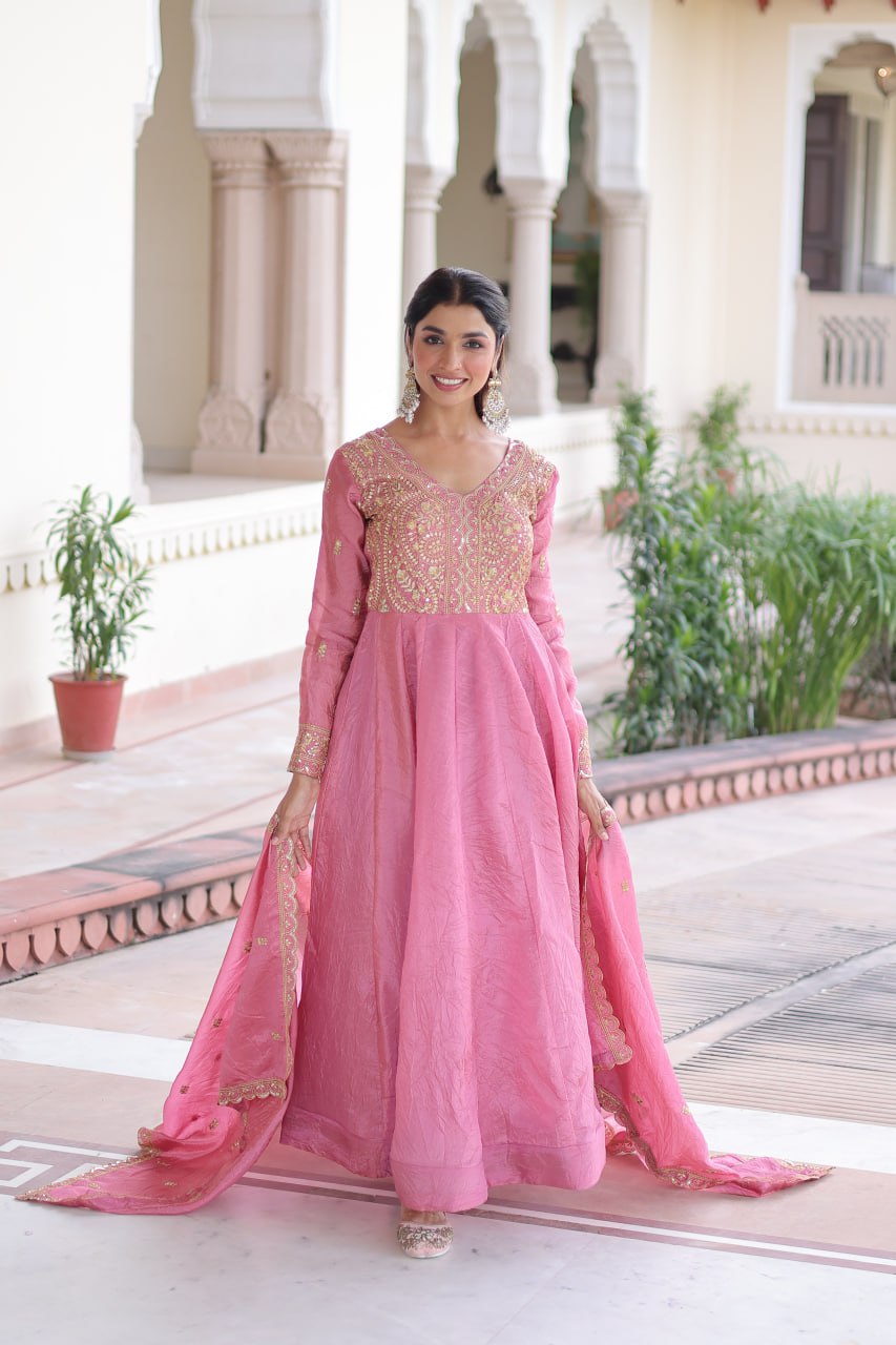 RangBhoomi Premium Ready-Made Gown and Dupatta Set with Elegant Gold Embroidery