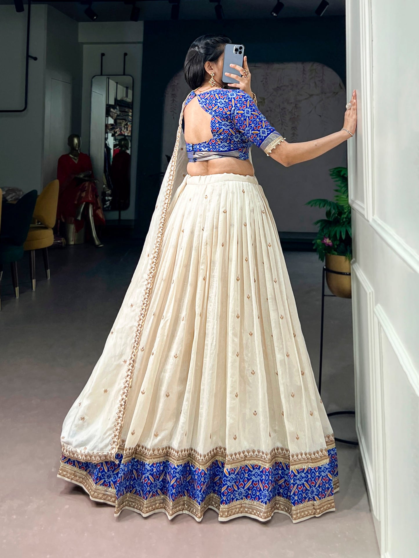 RangBhoomi Elegant Ivory and Royal Blue Lehenga Set with Sequins and Thread Embroidery