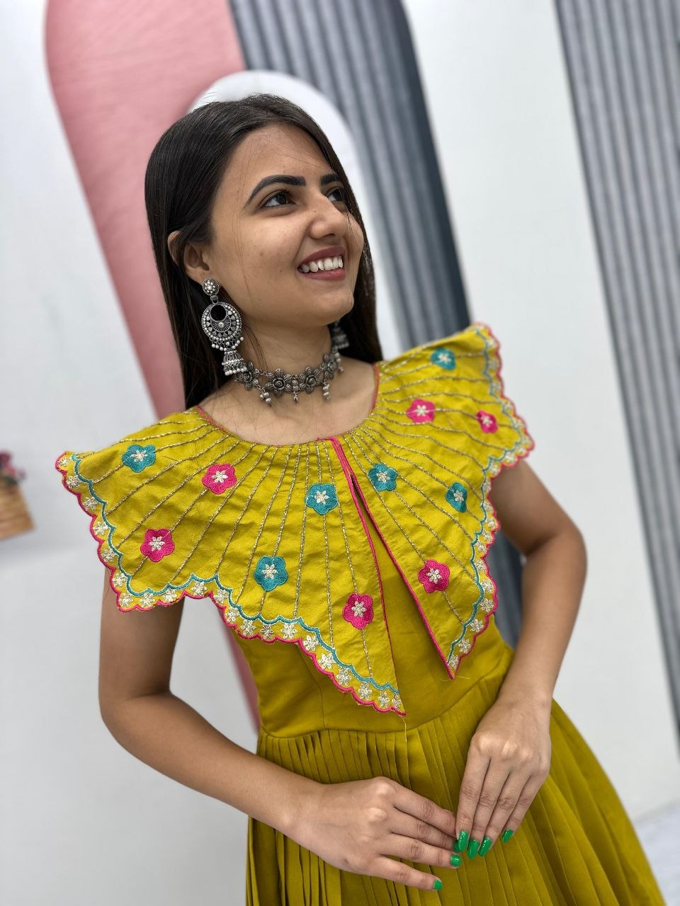 Trendy Hand-Embroidered Roman Fabric Gown with Soft Micro Cotton Lining, Fully Stitched, Available in Sizes M to XL and Beyond