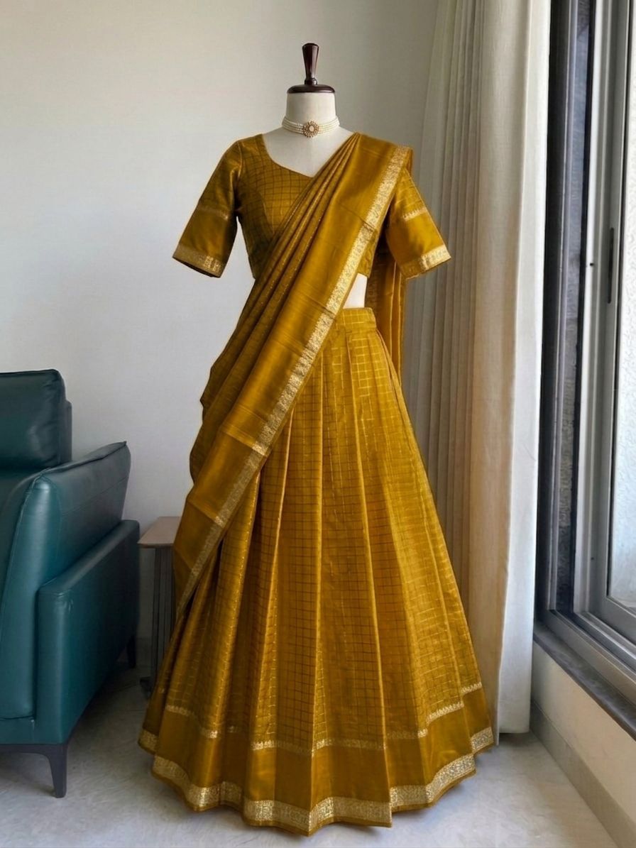 Elegant Pure Viscose Georgette Lehenga Choli Set with Zari Weaving and Hand-Dyed Chex Pattern