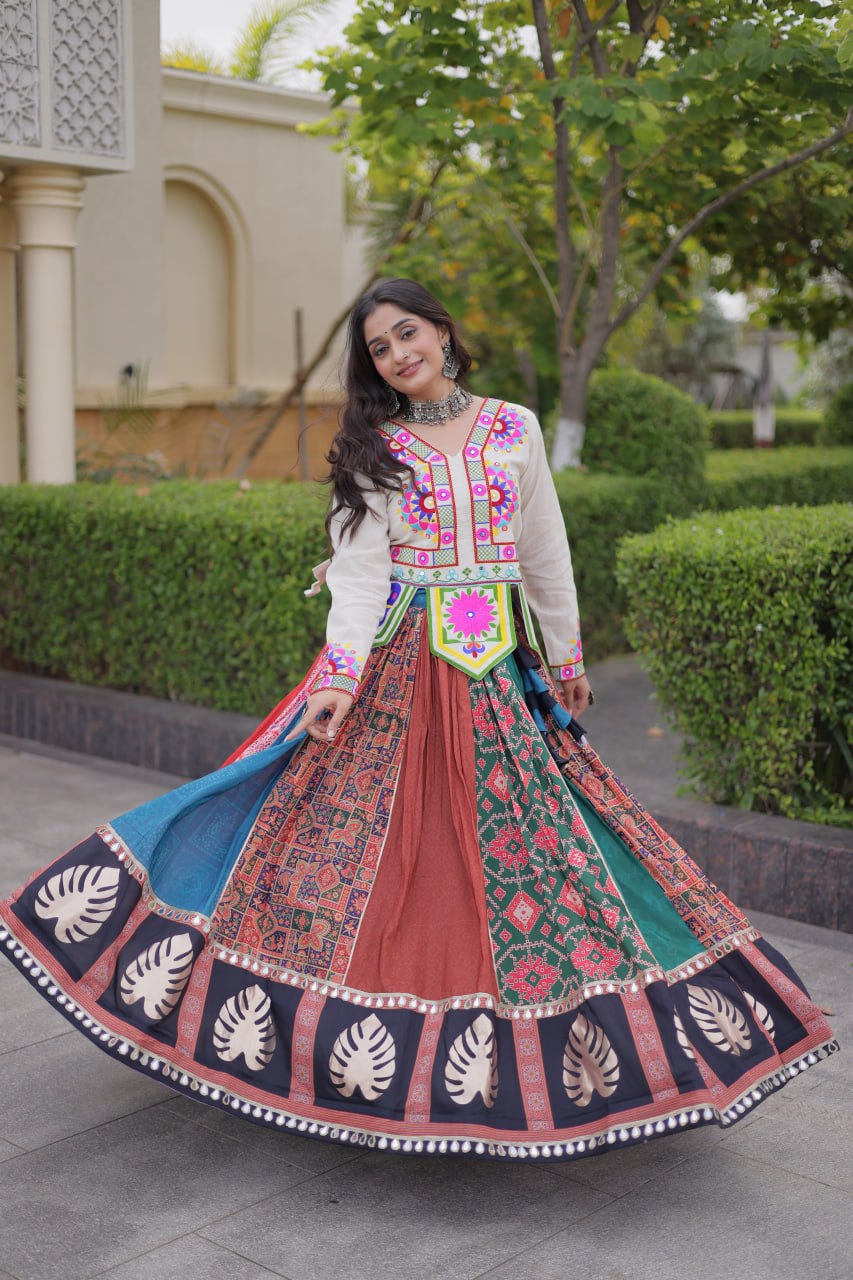 RangBhoomi Navratri Cotton Lehenga Set with Mirror Lace — Full-Stitched Festive Ensemble