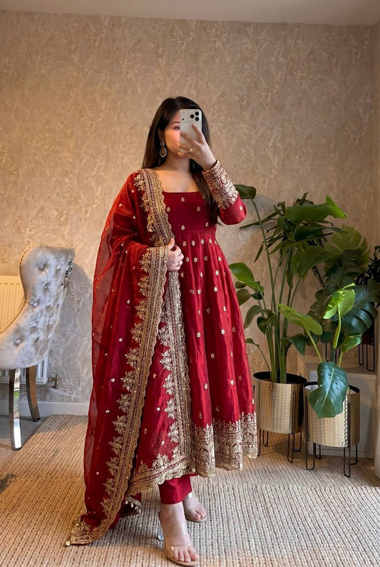 RangBhoomi Designer Embroidered Party Gown with Dupatta & Pant — Heavy Fandy Silk, 17 Colours