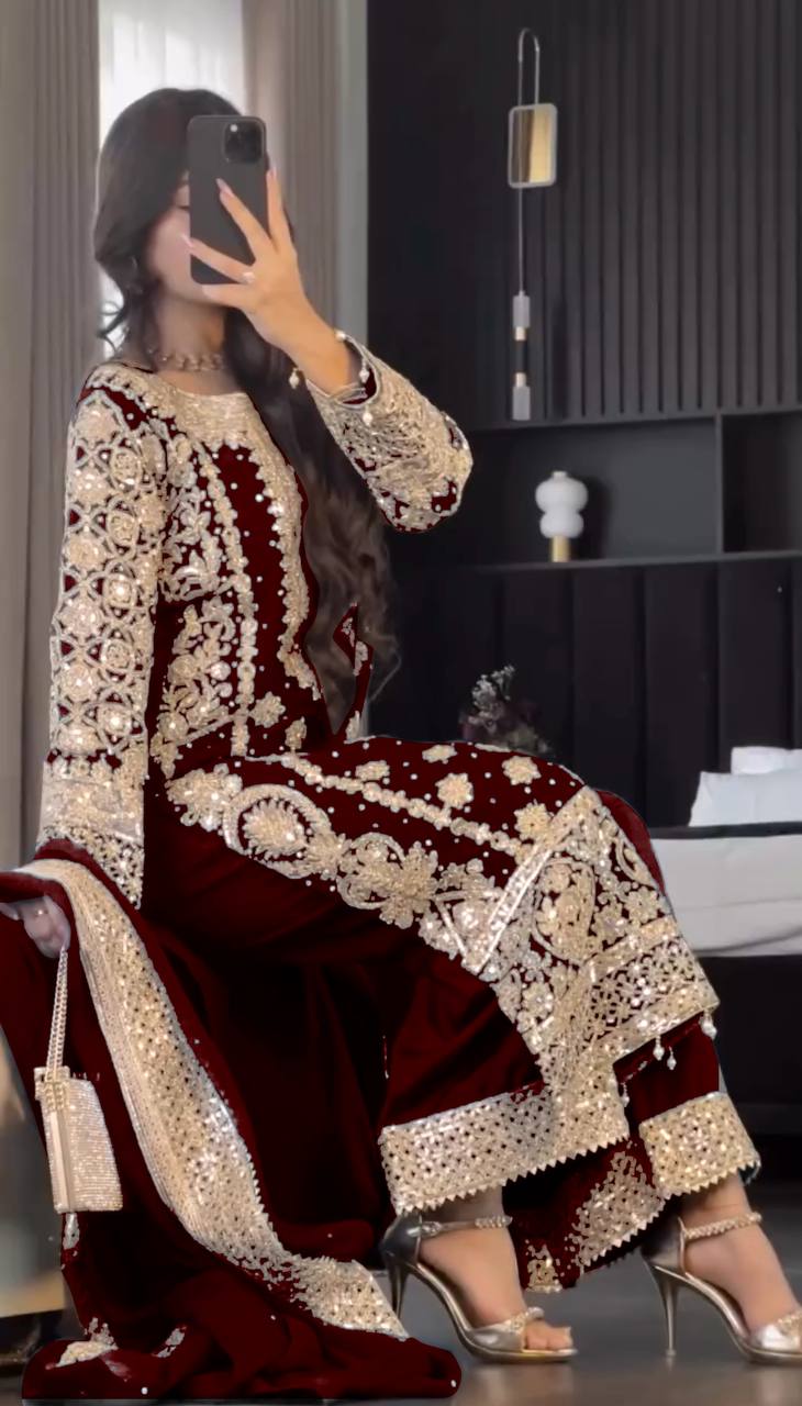 New Collection Faux Georgette Ensemble with Intricate Heavy Embroidery, Sequin Detailing, and Fully Stitched Ready-to-Wear Top, Bottom, and Dupatta Set
