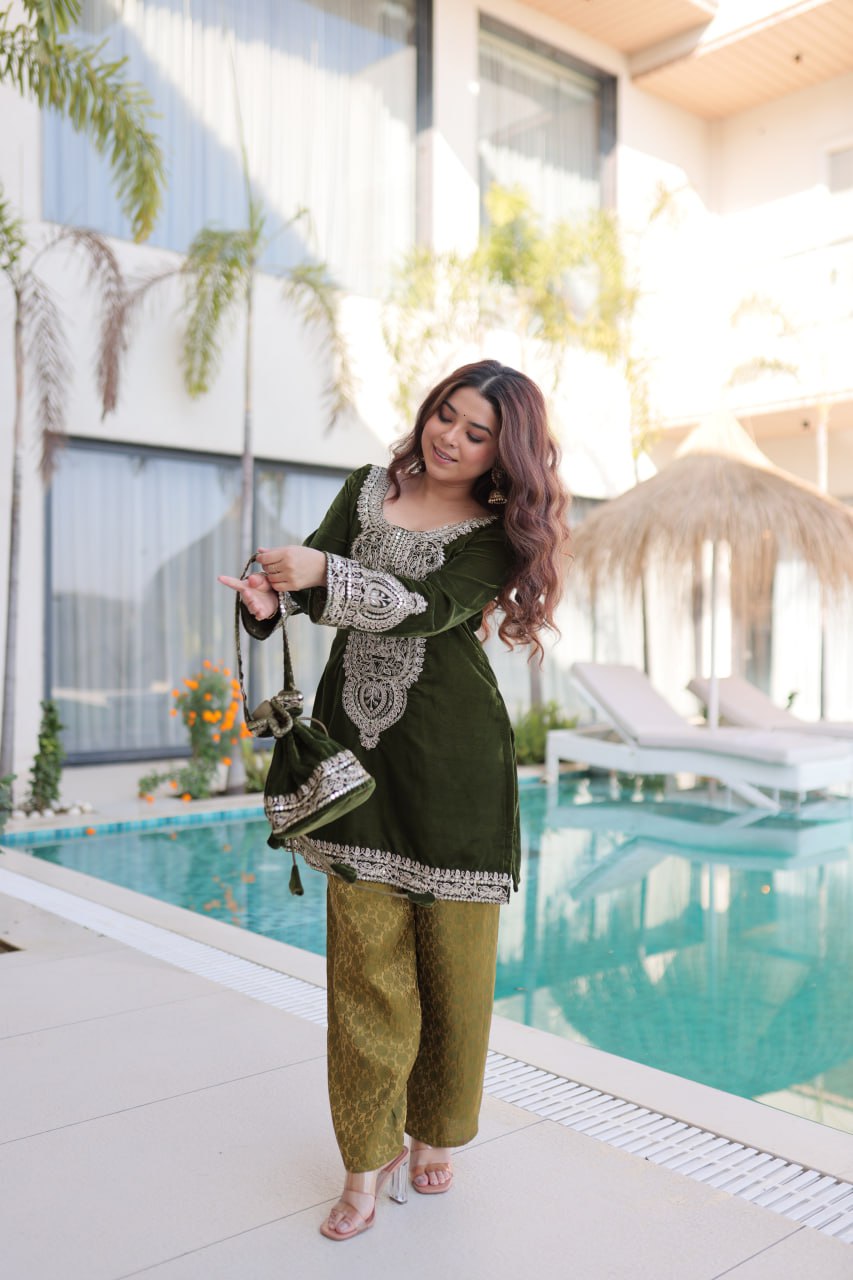 Ready-to-Wear Velvet Top and Pant Set with Embroidered Batwa from RangBhoomi Collection