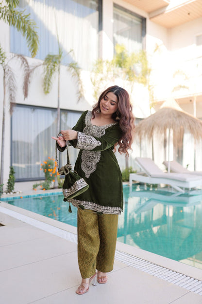 Ready-to-Wear Velvet Top and Pant Set with Embroidered Batwa from RangBhoomi Collection