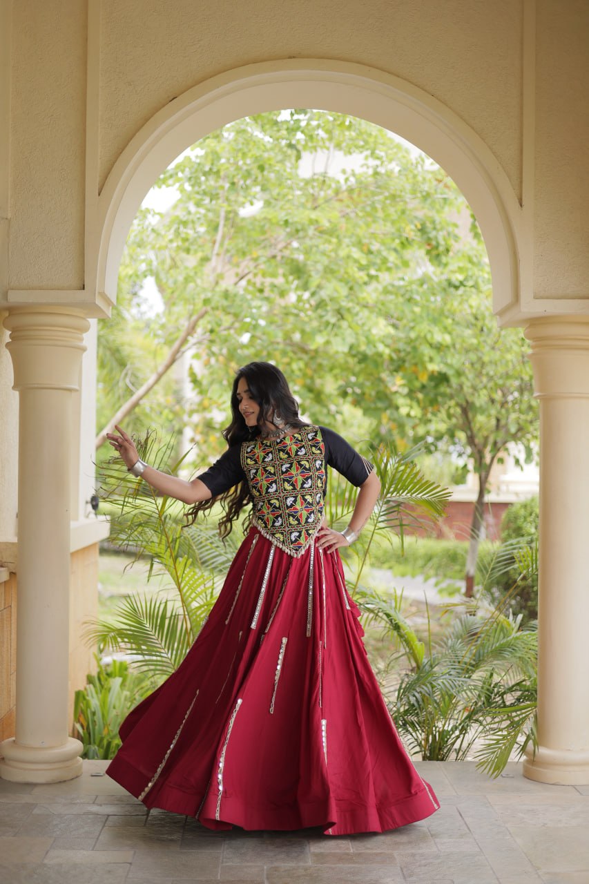 RangBhoomi Navratri Reflective Rayon Lehenga Set with Mirror & Gota Lace (Black, Maroon, White)