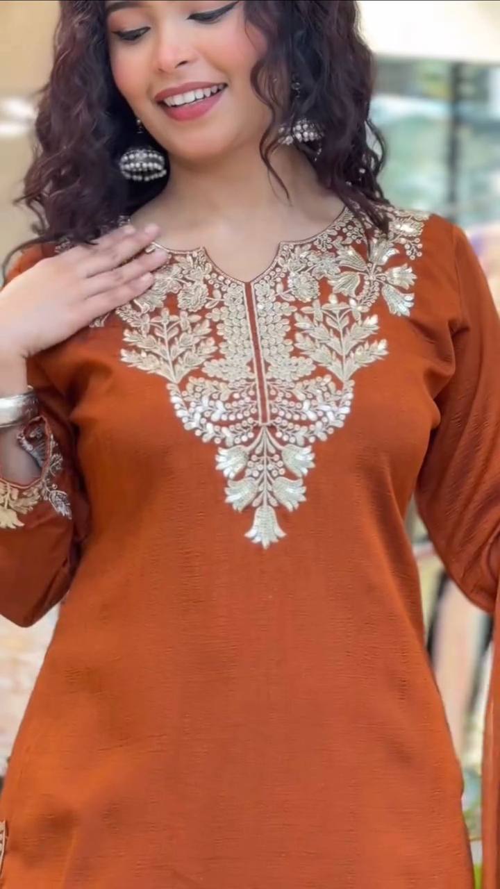 Elegant and Comfortable Wedding Season Suit Set with Sequined Embroidered Top, Palazzo Pants, and Lace-Trimmed Dupatta by RangBhoomi