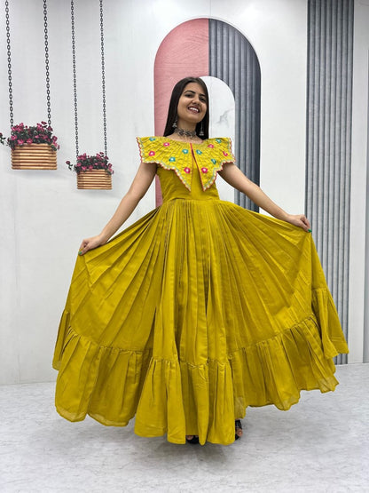 Trendy Hand-Embroidered Roman Fabric Gown with Soft Micro Cotton Lining, Fully Stitched, Available in Sizes M to XL and Beyond