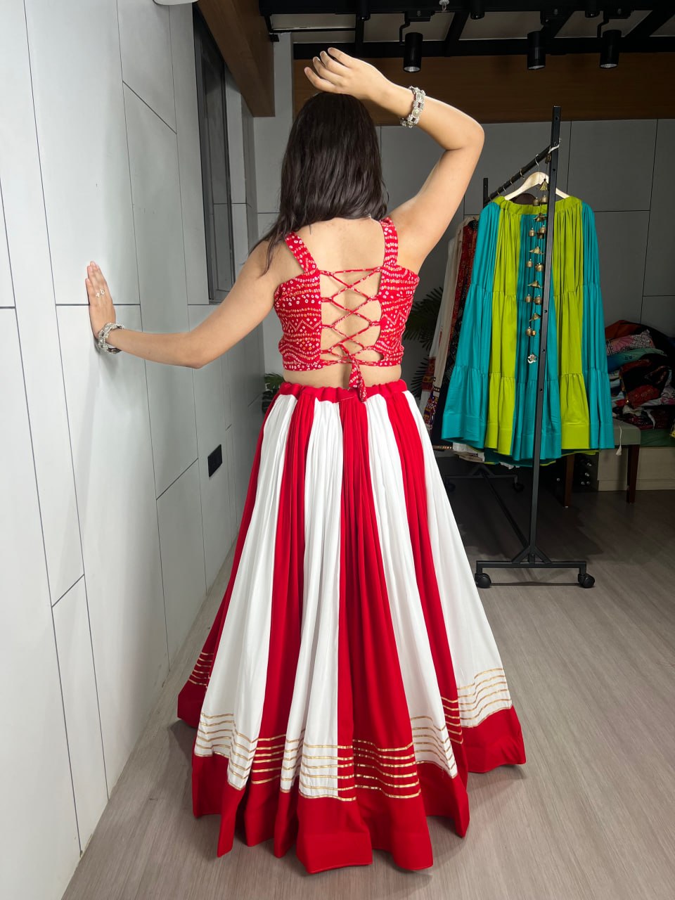 RangBhoomi Red & White Chaniya Choli Set — Festive Garba Lehenga (Pure Rayon Cotton, Fully Stitched)