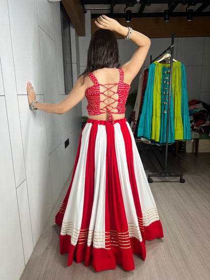 RangBhoomi Red & White Chaniya Choli Set — Festive Garba Lehenga (Pure Rayon Cotton, Fully Stitched)