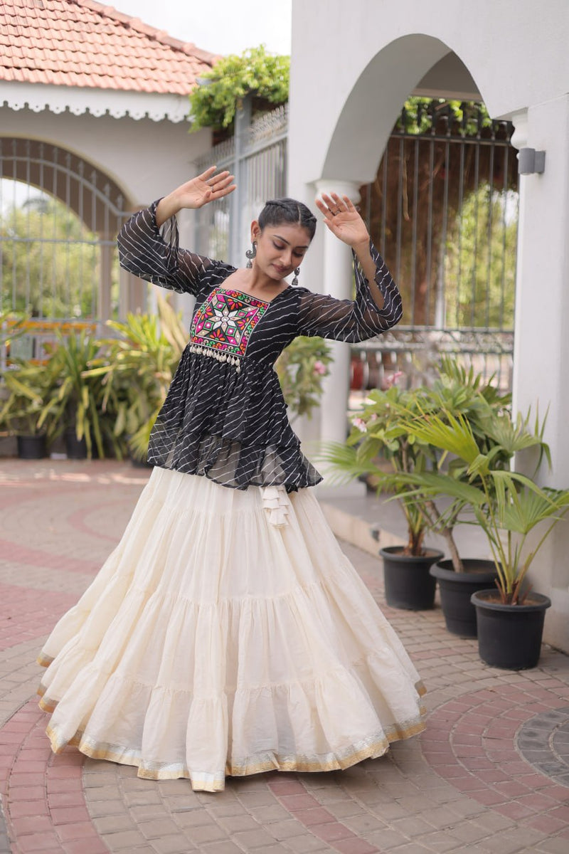 RangBhoomi Navratri Lehenga Choli Set — Kora Cotton Frill with Laheriya Print