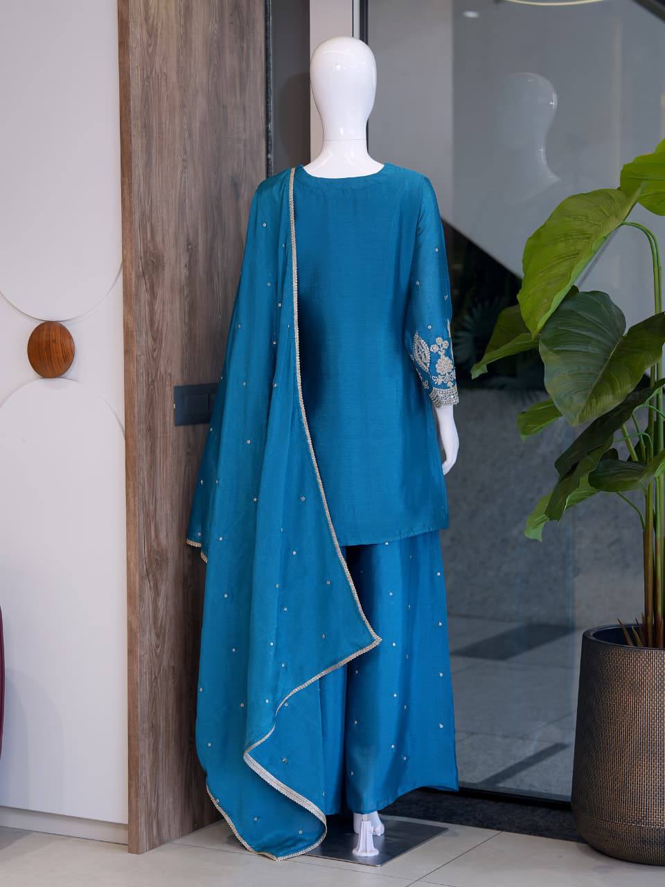 RangBhoomi Designer Festival Ensemble - Embroidered Chinon Top with Rangoli Crush Palazzo & Dupatta