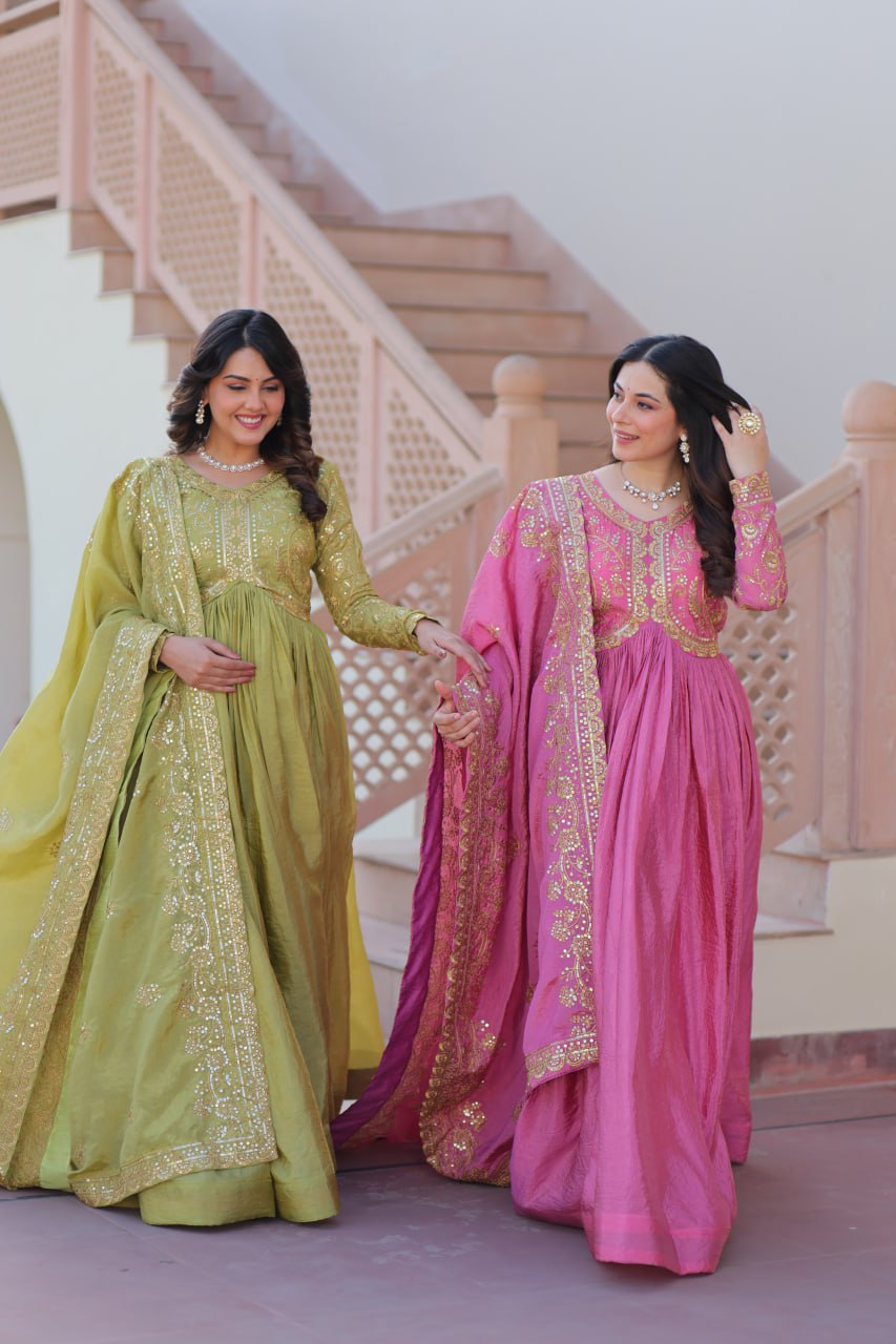 Trending Gold Gown: Crush Fabric, Embroidered Dupatta