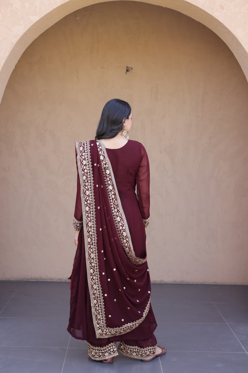 RangBhoomi Premium Readymade Gown with Pant & Dupatta Set - Embroidered Faux Blooming Festive Ensemble