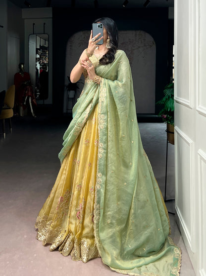 Sunlit Grace Embroidered Pastel Lehenga Set in NC Moss Silk with Sequins and Thread Work