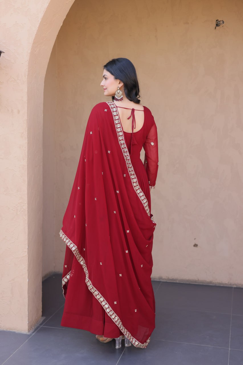 Elegant Gown and Dupatta Set with Embroidered Faux Blooming Fabric by RangBhoomi