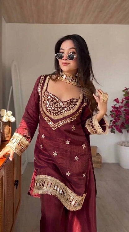 RangBhoomi Women's Fully Stitched Ethnic Wear Set with Fendy Silk and Real Mirror Work