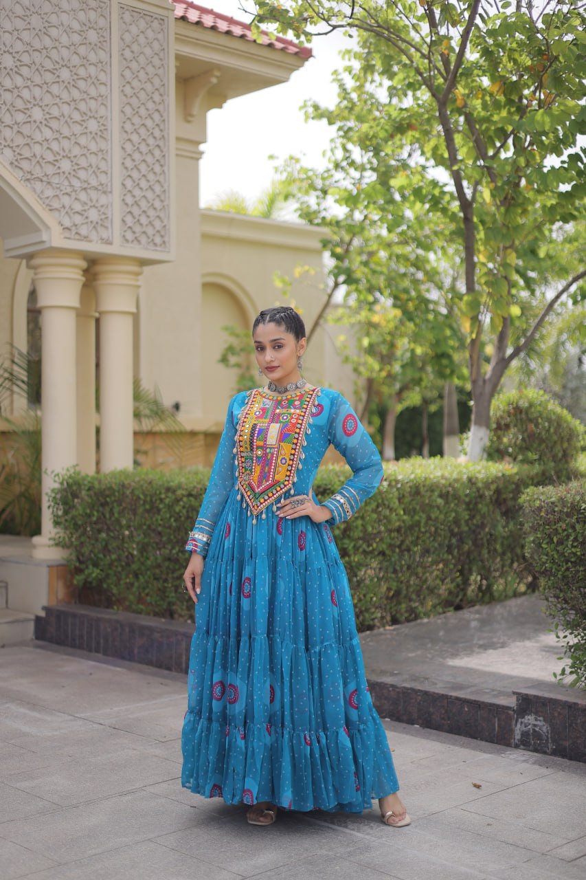 RangBhoomi Bandhani & Kutchi Patchwork Faux Georgette Gown — Navratri Collection 2026