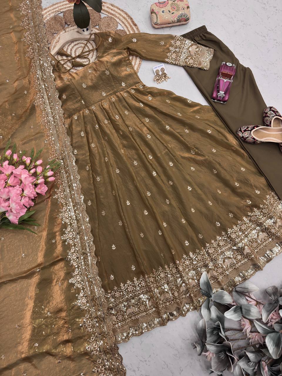 RangBhoomi Designer Embroidered Party Gown with Dupatta & Pant — Heavy Fandy Silk, 17 Colours