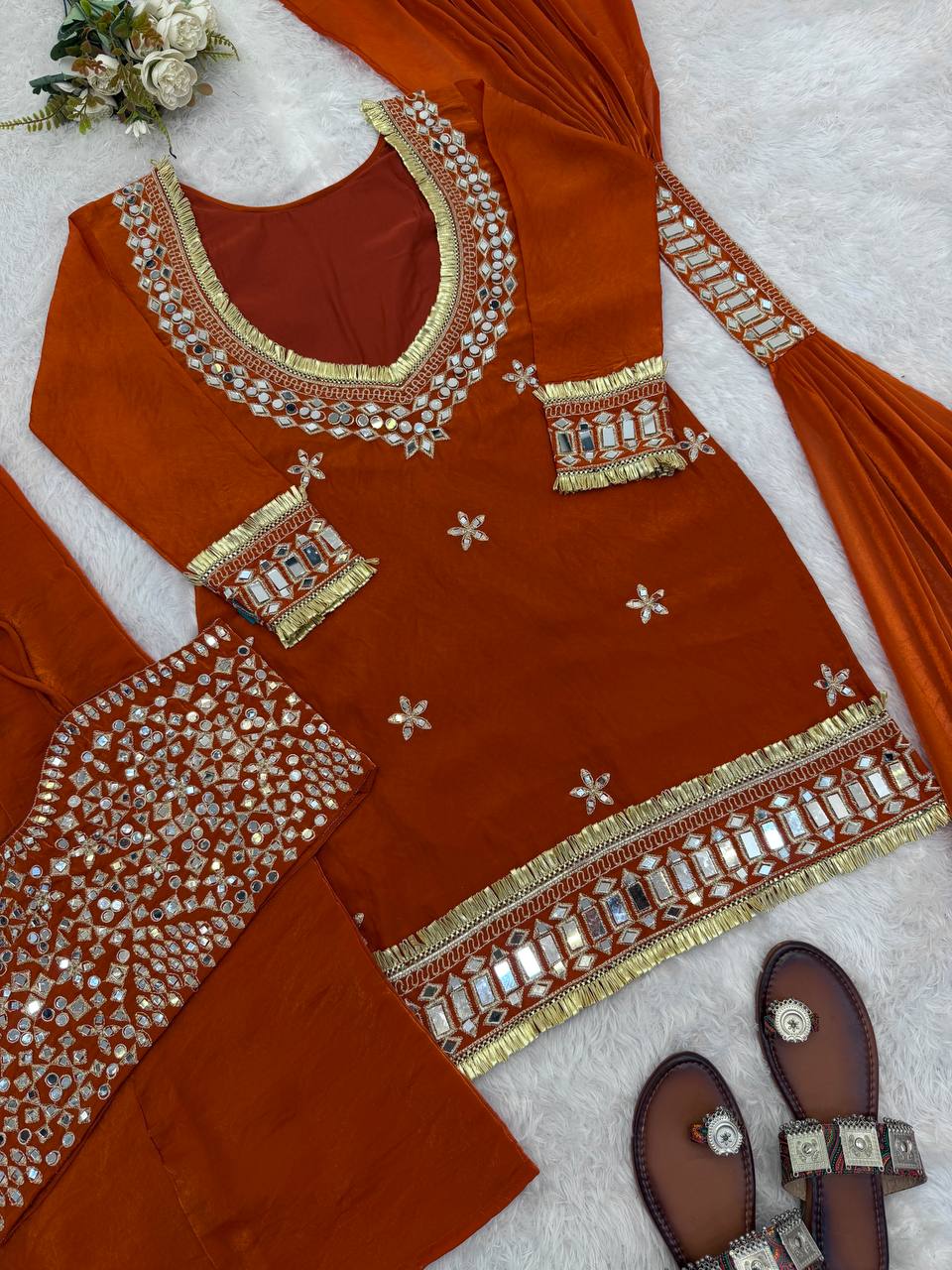 RangBhoomi Women's Fully Stitched Ethnic Wear Set with Fendy Silk and Real Mirror Work
