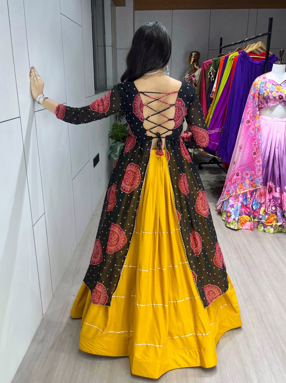 Colorful Bandhani Print Kurtis with Mustard Rayon Cotton Lehenga Sets