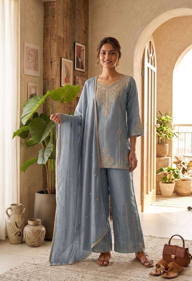 Designer Wear Festival Special Collection - Elegant Vichitra Embroidered Ensemble with Palazzo and Dupatta