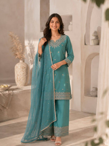 RangBhoomi Designer Festival Special Collection - Elegant Roman Silk Embroidered Ensemble with Palazzo and Decorative Dupatta
