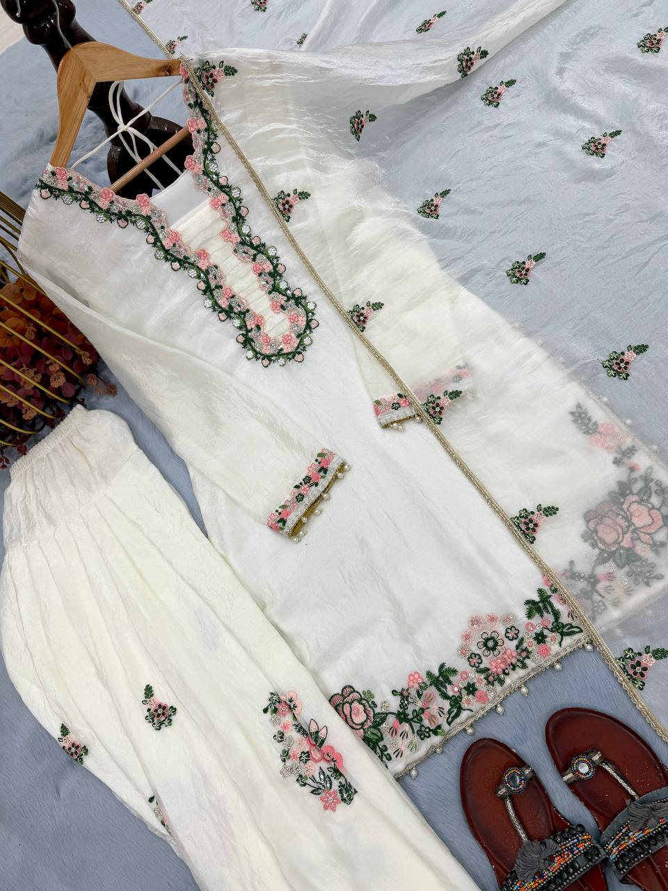 Exclusive Designer Party Wear Pure Fendi Silk Top with Farshi Palazzo and Elegant Dupatta Set