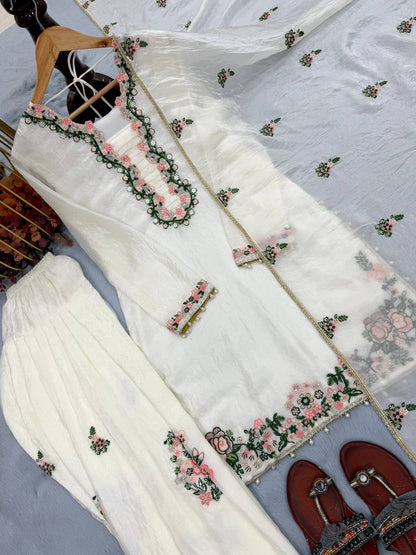 Exclusive Designer Party Wear Pure Fendi Silk Top with Farshi Palazzo and Elegant Dupatta Set