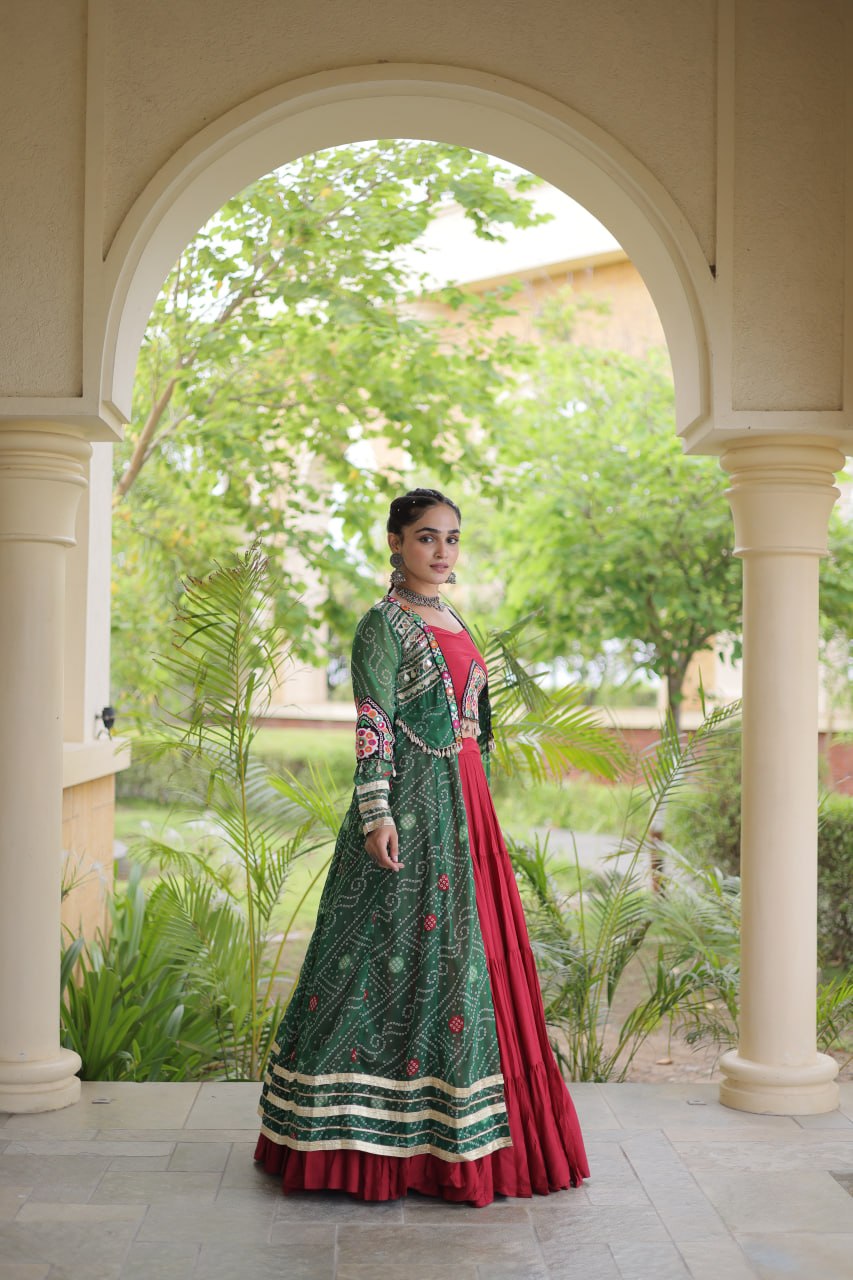 RangBhoomi Navratri 2026 Rayon Lehenga Set with Bandhani Shrug — Full-Stitched Festive Ensemble